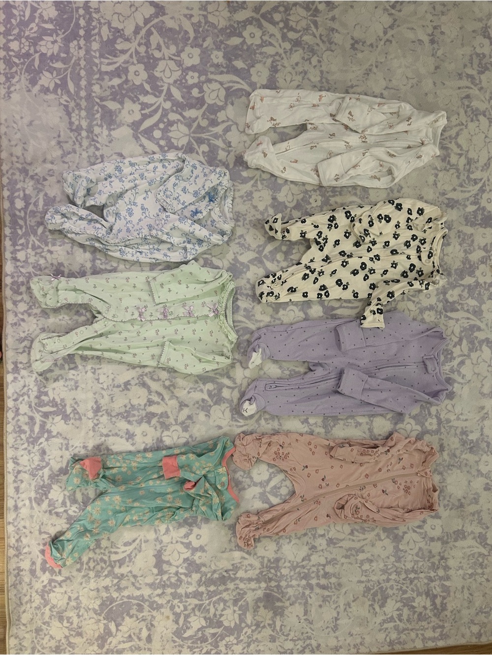Lot of 7 Baby Footed Pajamas - Pastel Floral & Animal Prints